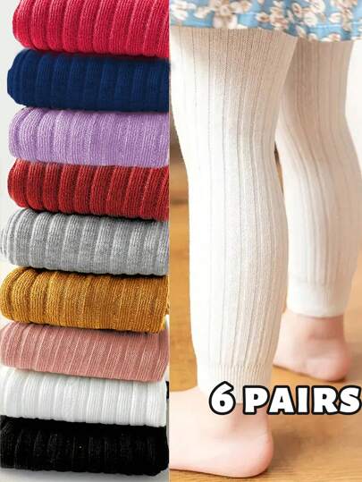 6pcs Set Kids' Solid Color Knitted Leggings, Fitted Stirrup Tights Suitable For Dancewear, All-Season Wear With Ribbed Detail