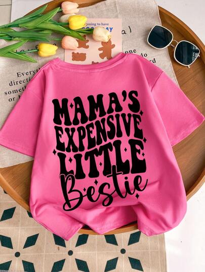 Young Girl's Smile And SLogan Print Round Neck Short Sleeve Tee Spring And Summer Casual T Shirt For Young Girl