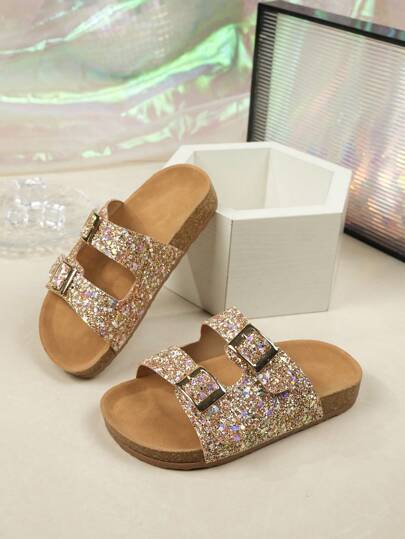 1 Pair Girls' Cork Anti-Slip Thick Sole Slippers, Soft & Comfortable, Fashionable Sequin With Crystal Design, For Girls Aged 3-15, Suitable For Outdoor, Beach, Seaside