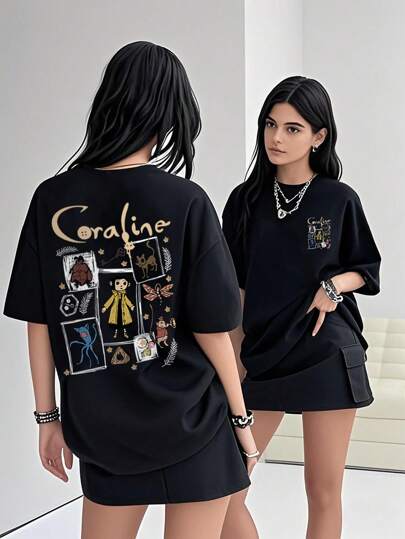 Girls & Teens Students Casual Printed Black Round Neck Short Sleeve T-Shirt, Summer Top