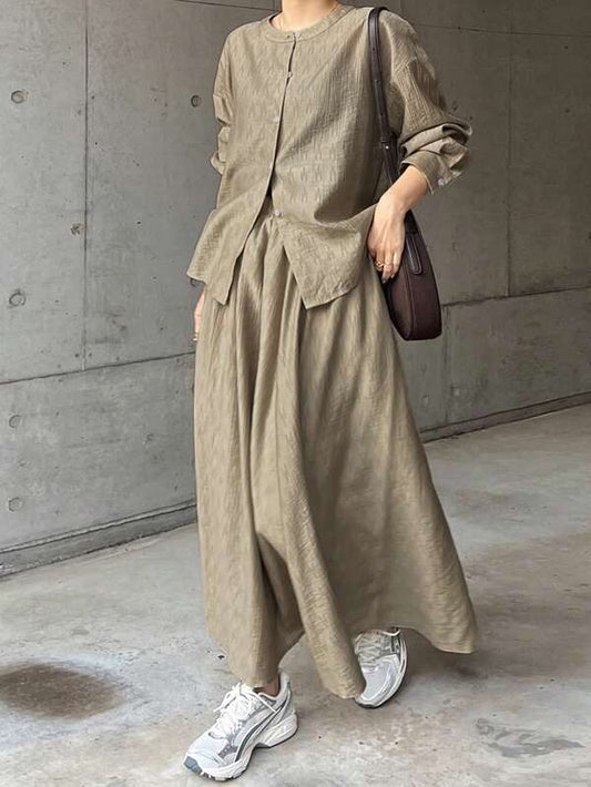 FRIFUL 2pcs Women Khaki Shirt And Skirt Set, Spring/Summer