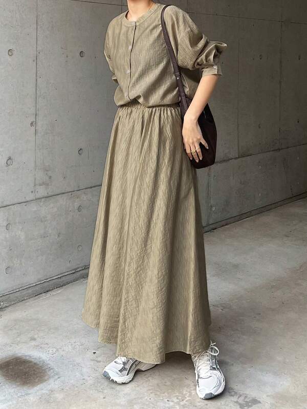 FRIFUL 2pcs Women Khaki Shirt And Skirt Set, Spring/Summer
