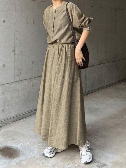 FRIFUL 2pcs Women Khaki Shirt And Skirt Set, Spring/Summer
