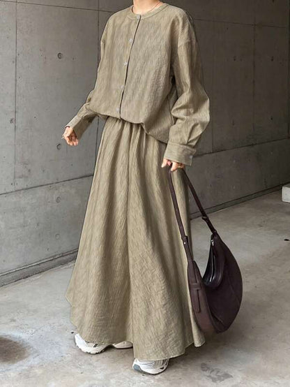 FRIFUL 2pcs Women Khaki Shirt And Skirt Set, Spring/Summer