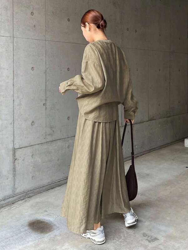 FRIFUL 2pcs Women Khaki Shirt And Skirt Set, Spring/Summer