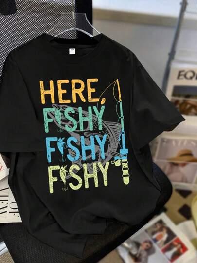 Tween Boy Casual Fishing Print Graphic Tee Shirts, Streetwear Round Neck Short Sleeve T-Shirts, Spring/Summer New Arrival