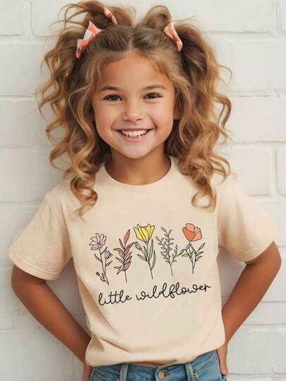 Young Girl's Flowers And Slogan Print Round Neck Short Sleeve Tee Spring And Summer Casual T Shirt For Young Girl