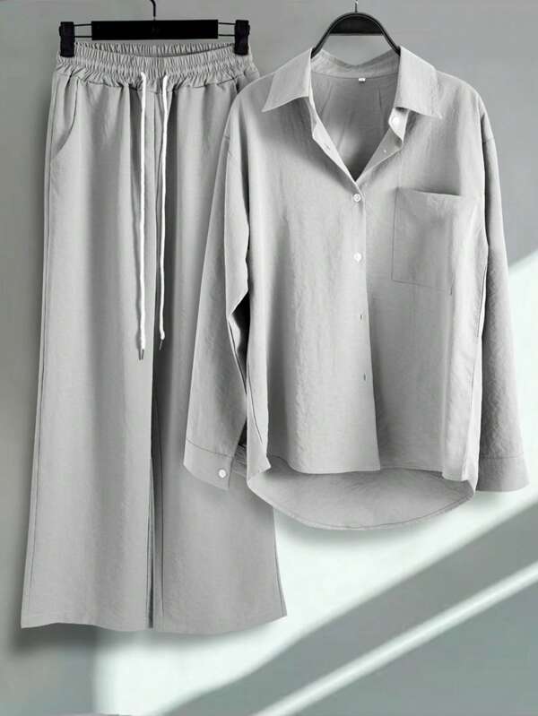 2pcs/Set Women Fashion Button-Up Shirt And Drawstring Pants Suit