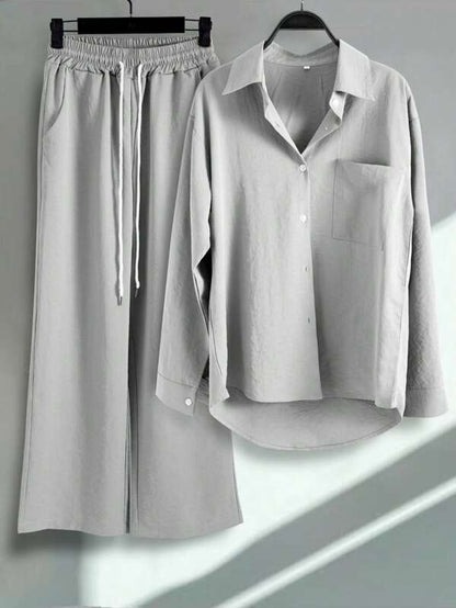 2pcs/Set Women Fashion Button-Up Shirt And Drawstring Pants Suit