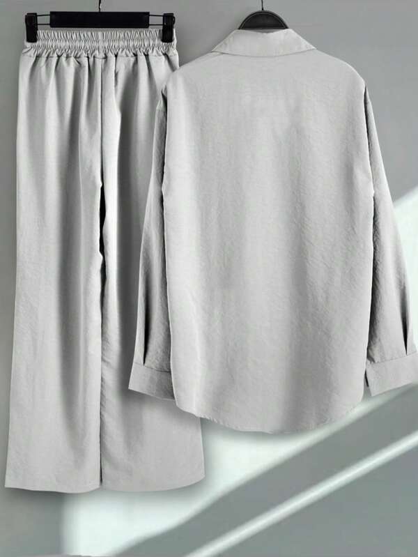 2pcs/Set Women Fashion Button-Up Shirt And Drawstring Pants Suit