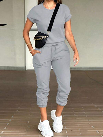 INAWLY Women Solid Color Round Neck Short Sleeve Casual Jumpsuit With Front Tie