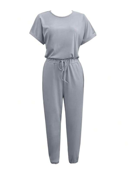 INAWLY Women Solid Color Round Neck Short Sleeve Casual Jumpsuit With Front Tie