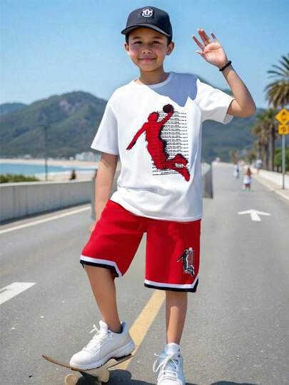 SHEIN 2pcs/Set Tween Boy Sports Casual Letter Print Crew Neck Short Sleeve T-Shirt And Shorts, Suitable For Commuting, School, Casual Wear, Sports, Spring/Summer