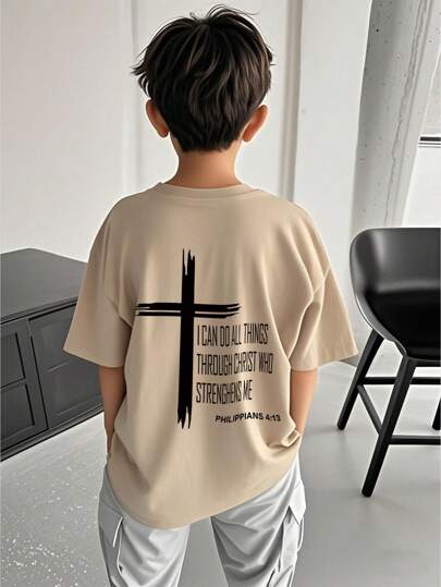 Boys & Teens Casual Printed Crew Neck Short Sleeve T-Shirt, Tops For Summer