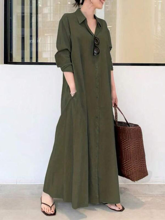 Women's Casual Solid Color Front Button Down Long Shirt Dress, Vacation Wear