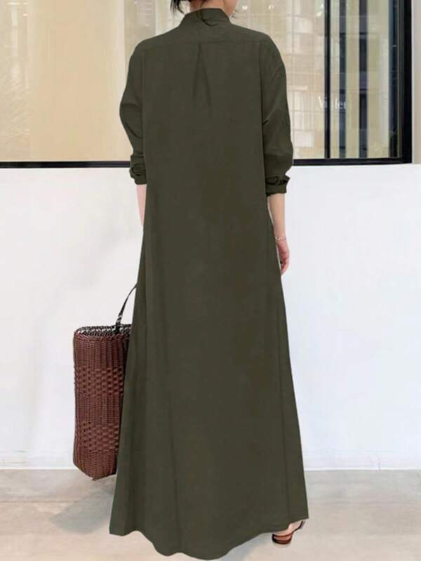 Women's Casual Solid Color Front Button Down Long Shirt Dress, Vacation Wear