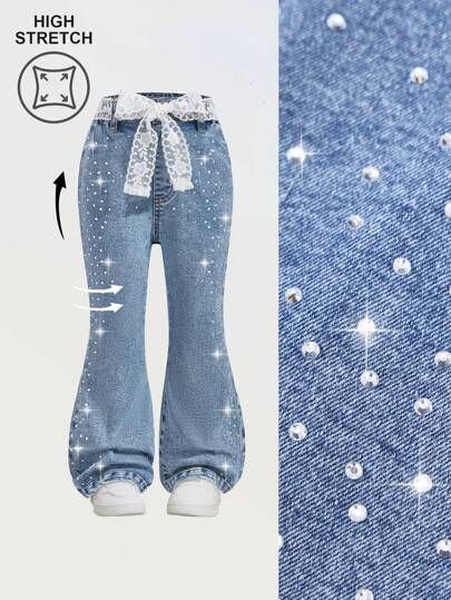 Girls Young Girl Bling Distressed Elastic Waist Denim Flare Pants, Casual, Fashion, Suitable For Holiday And Streetwear, Summer