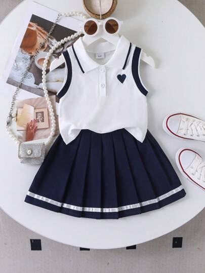 2pcs Girls School Sports Heart Embroidery Sleeveless Polo Neck Top And Pleated Skirt Set, For Summer