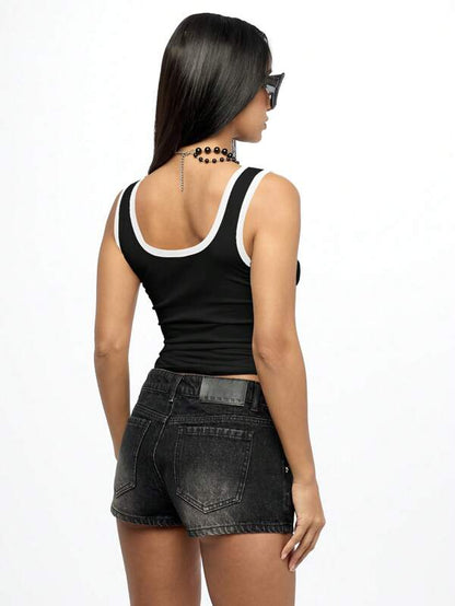 SUMWON WOMEN Miss SMWN Contrast Binding Graphic Tank Top Vest Urban Streetwear Y2K Aesthetic Festival Club Party Summer Fashion Sleeveless Crop Top