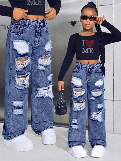 SHEIN Tween Girl Y2K Stonewashed Street Style Baggy Ripped Straight Leg Jeans, Girls Fall