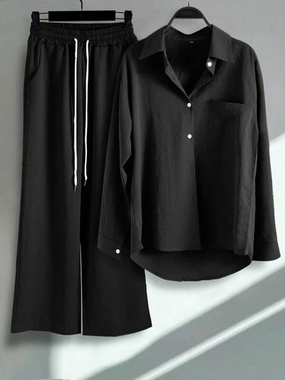 2pcs/Set Women Fashion Button-Up Shirt And Drawstring Pants Suit