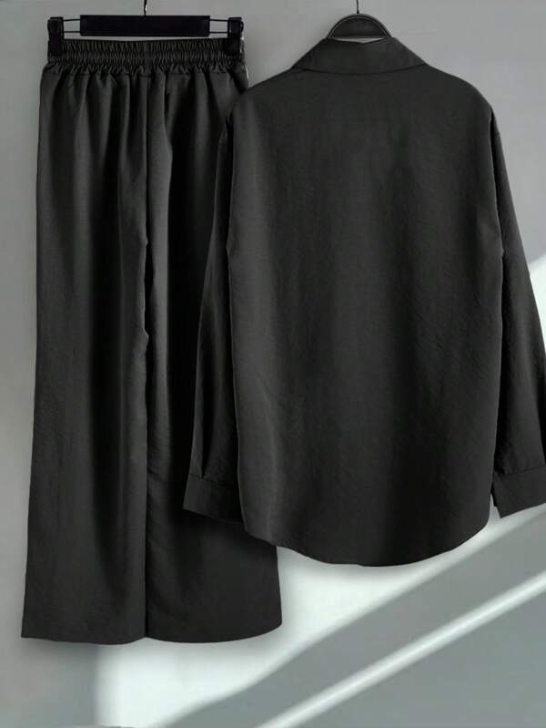 2pcs/Set Women Fashion Button-Up Shirt And Drawstring Pants Suit