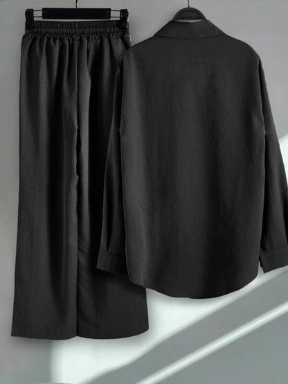 2pcs/Set Women Fashion Button-Up Shirt And Drawstring Pants Suit