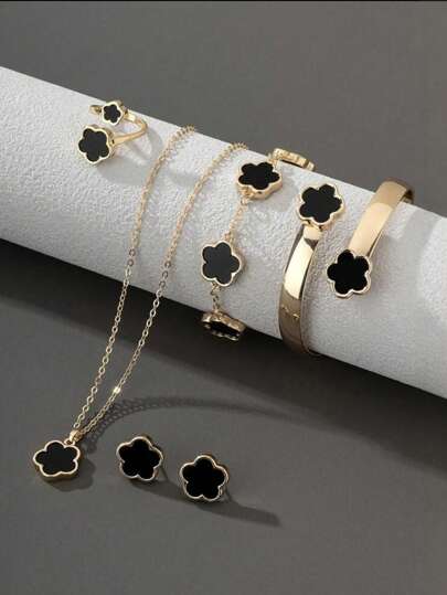 6pcs/Set Lucky Clover Design Bracelet, Necklace, Earrings, Bangle And Ring Set, Delicate And Fashionable Jewelry Gift Set For Teenager