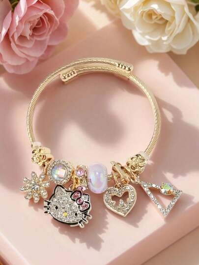 1pc, Sanrio Anime Charm Bracelet - Cute Hello Kitty Jewelry, Suitable For Teen Girls, Adjustable Cartoon Gift With Shining Beads | Cute Anime Accessory, Durable Metal Alloy, Suitable For Daily Wear