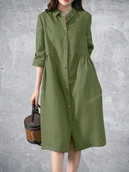 Women Pleating Casual Long Sleeve Shirt Dress Holiday Loose Solid Colour Long Dresses