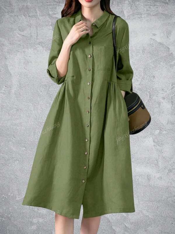 Women Pleating Casual Long Sleeve Shirt Dress Holiday Loose Solid Colour Long Dresses