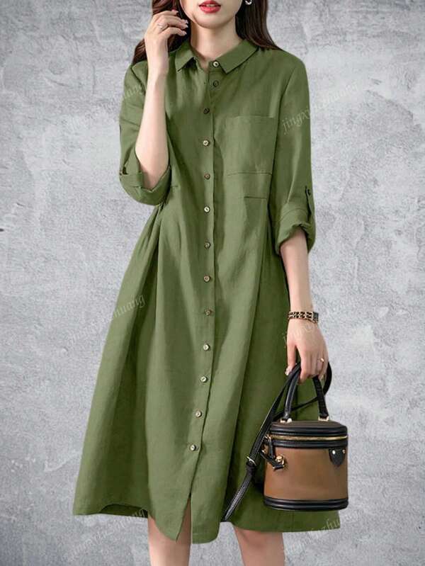Women Pleating Casual Long Sleeve Shirt Dress Holiday Loose Solid Colour Long Dresses