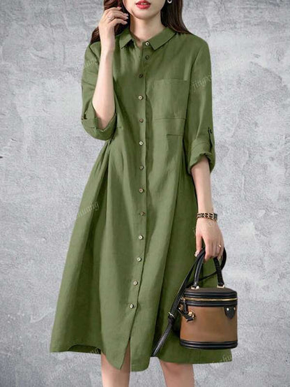 Women Pleating Casual Long Sleeve Shirt Dress Holiday Loose Solid Colour Long Dresses