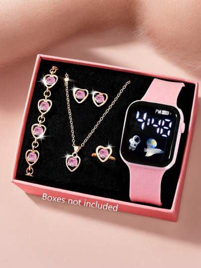 6pcs/Set Stylish And Simple And Cute Youth Square Digital Watch And Heart-Shaped Rhinester Set, Necklace, Bracelet, Earrings, Rings, Gifts For Children, Mother's Day