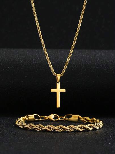 1set Kids Popular Hip Hop Stainless Steel Cross Pendant Rope Chain Necklace & Bracelet For Boys Girls Fashion Street Jewelry For Children Birthday Gift
