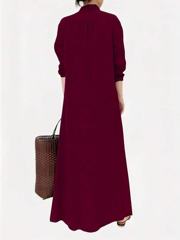 Women's Casual Solid Color Front Button Down Long Shirt Dress, Vacation Wear