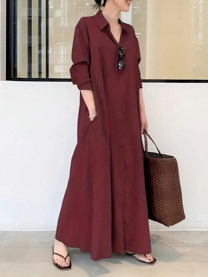 Women's Casual Solid Color Front Button Down Long Shirt Dress, Vacation Wear