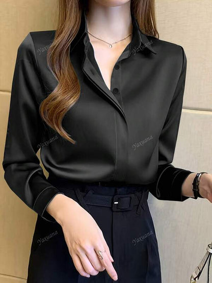 Women's Elegant Black Long Sleeve Blouse, Semi-Sheer Polyester Material With Button Details, Suitable For Spring/Summer/Autumn