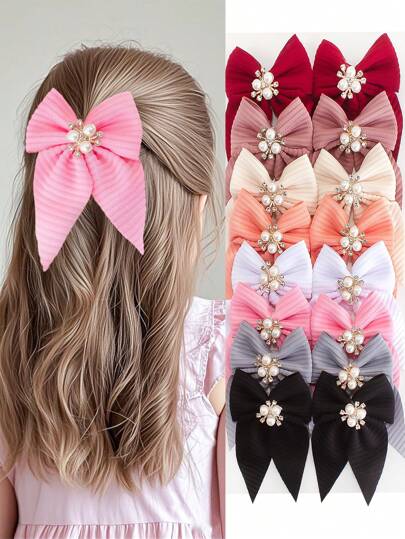 8pcs/Set Girls Solid Color Textured Bow Pearls Crystal Hair Clips, Elegant Princess Hair Accessories For Daily Use