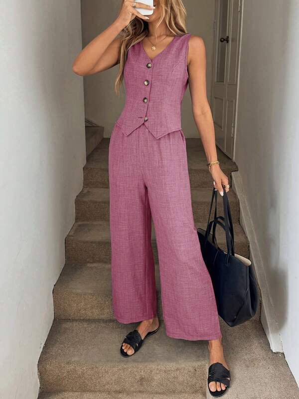 Easowa 2pcs/Set Women Blue Vest Waistcoat And Pocketed Long Pants Suit, Spring/Summer Women S Sets Women S Summer Set Business Casual Woman Office Outfits For Women Work Clothes Women Old Money Style Women