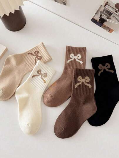 5 Pairs Kids' Neutral High Elastic Sports Solid Color Mid-Calf Socks, Autumn/Winter