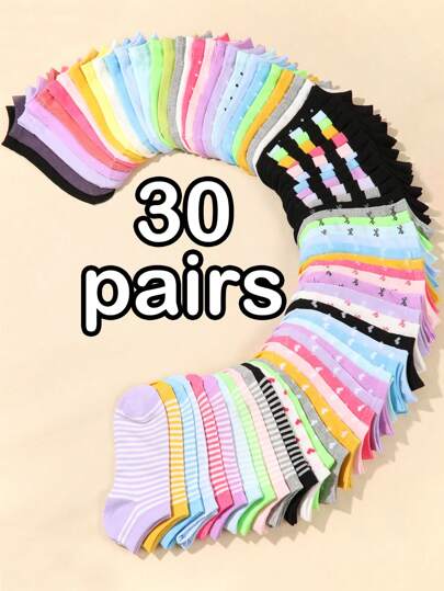 30pairs Children's Short Socks: Candy-Colored, Lace Bowknot, Heart Pattern, Striped, Soft, Comfortable, Casual, All-Match, Student Ankle Socks - Suitable For Daily Use, Random Mixed Colours