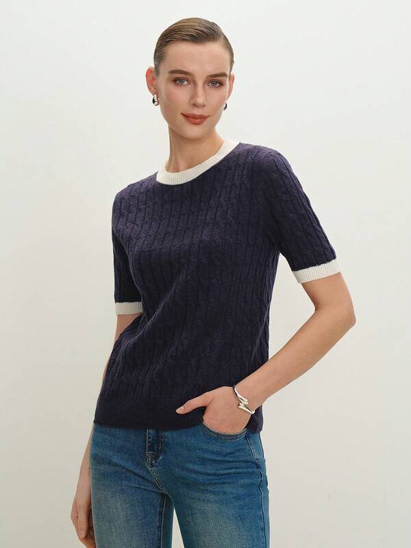 BizChic Grey Color-Block Jacquard Sweater Top, Women's Long Base Layer T-Shirt, Office/Commuting Wear, Elegant For New Year, Dating, Spring/Summer,Knitted Sweater