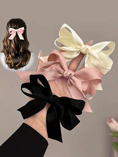3pcs Chic Bow Hair Clips In Beige, Pink & Black - Cute Fabric Accessory For Girls, Ideal For Casual Outfits Or Vacations, Cute Hair Clips