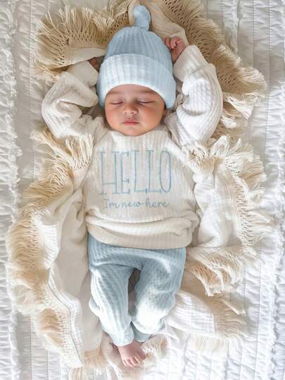 SHEIN Newborn "Hello" Letter Embroidery Photography Outfit Set, Including Top, Pants And Hat, Baby 1 Month - 100 Days Photo Studio Costume