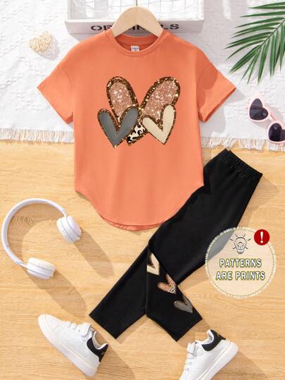 Tween Girls Casual Minimalist Short T-Shirt And Long Pants 2 Pieces Set, Suitable For Summer