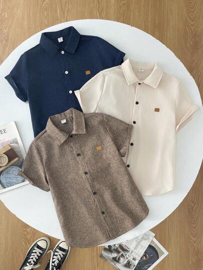 3pcs Tween Boy Set: Loose Casual Versatile Small Collar Leather Patch Woven Short Sleeve Shirt, Suitable For School, Party, Evening, Travel