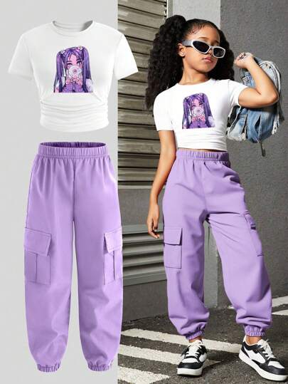 SHEIN Tween Girls Cartoon Character Print Round Neck Short Sleeve T-Shirt And Cargo Pants Casual 2pcs Set, School, Campus, College Summer Holiday