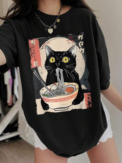 Teen Girl Cartoon Cat And Ramen Graphic Short Sleeve T-Shirts, Summer