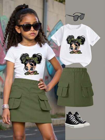 SHEIN Young Girl Casual Minimalist Pattern Short Sleeve Round Neck T-Shirt And Matching Short Skirt Set, Summer Summer Holiday